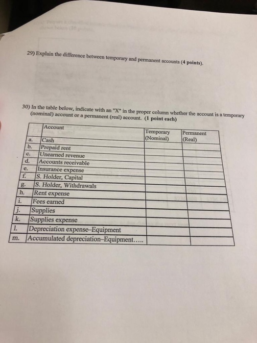  29) Explain the difference between temporary and permanent accounts (4 points)