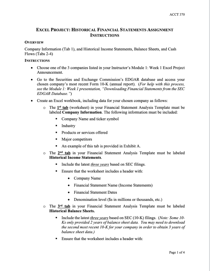 Excel Project: Historical Financial Statements Assignment Company for the Assignment is Amazon