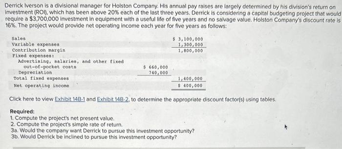 help. please answer ALL required parts!! Derrick Iverson is a divisional manager