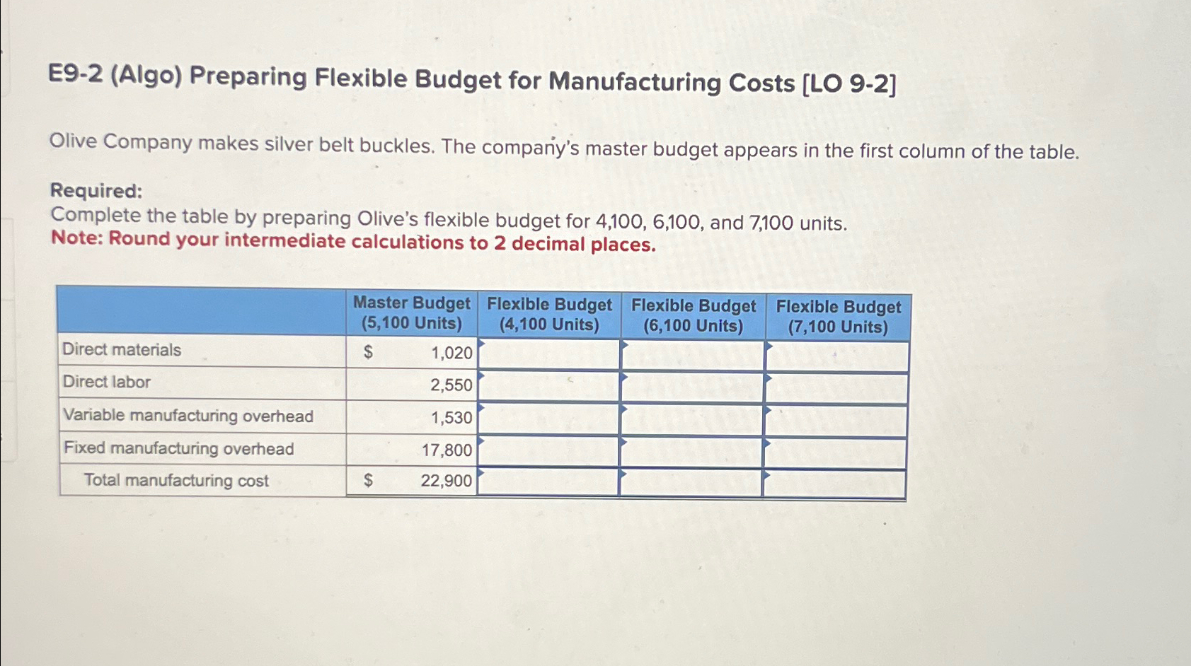  E9-2(Algo) Preparing Flexible Budget for Manufacturing Costs [LO 9-2] Olive Company
