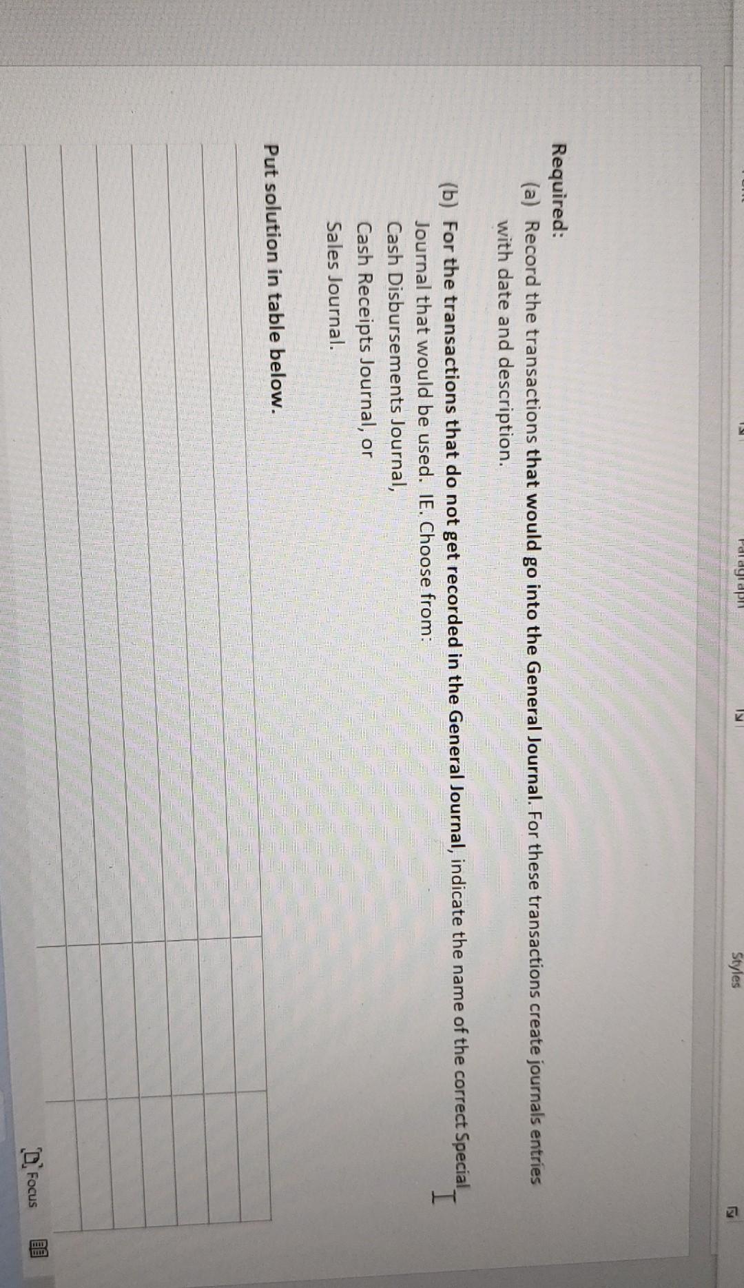 each transaction, indicate the appropriate journal, choose from a to e. (a)