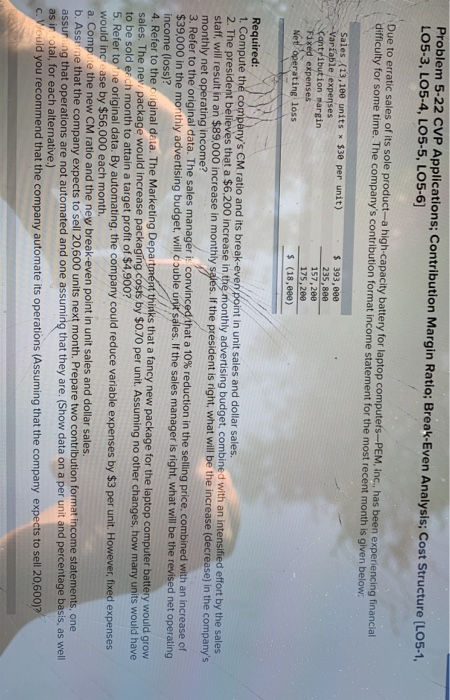  Problem 5-22 CVP Applications; Contribution Margin Ratio; Break-Even Analysis; Cost Structure