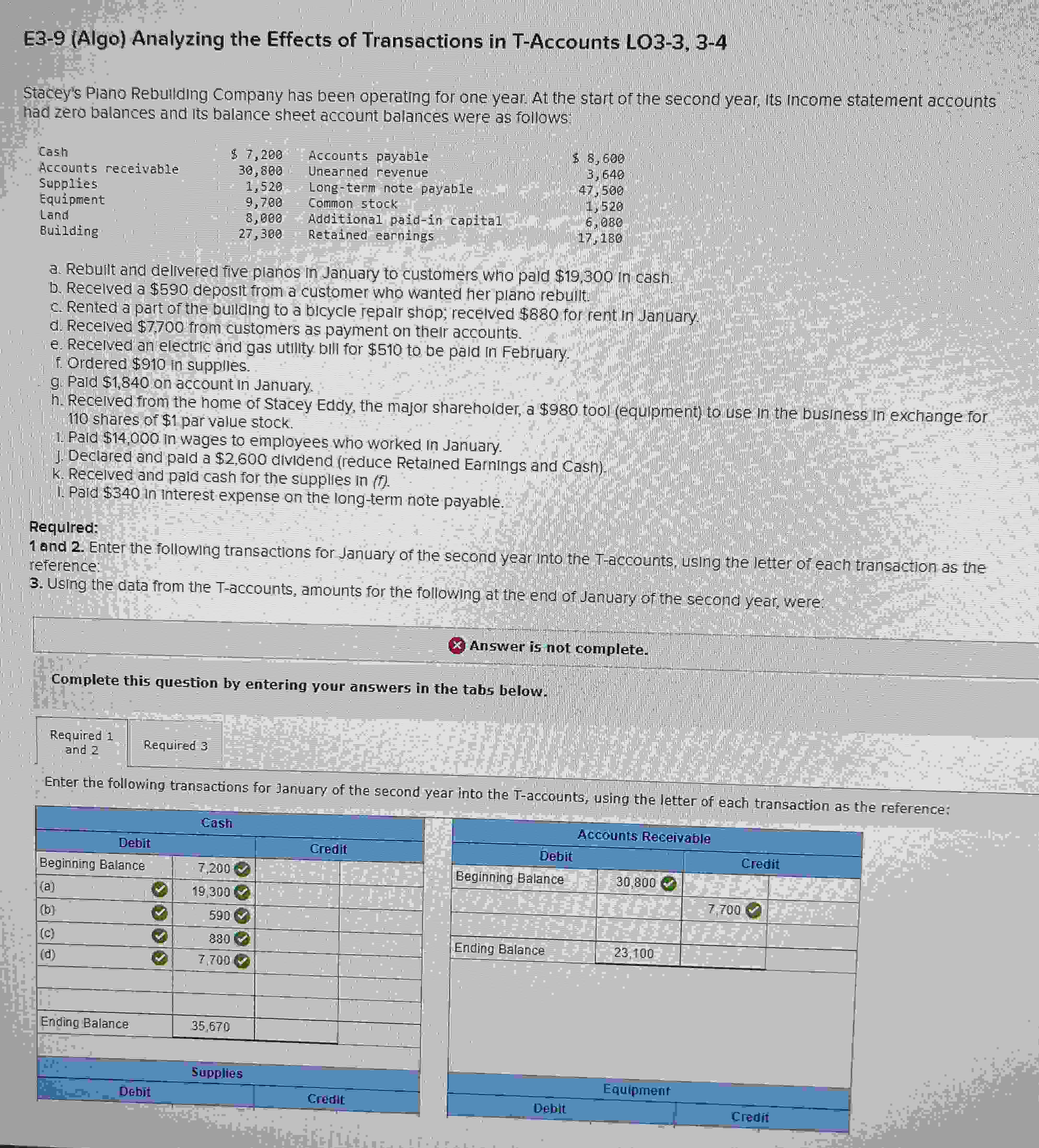  E3-9(Algo) Analyzing the Effects of Transactions in T-Accounts LO3-3,3-4 Stacey's Plano