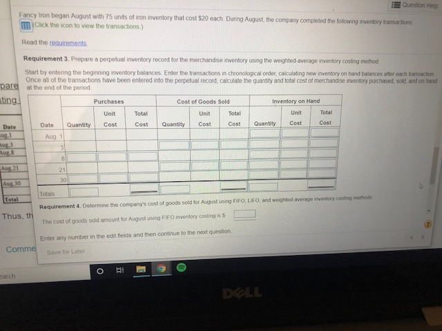 inventory record for the merchandise inventory using the weighted-average inventory costing method.