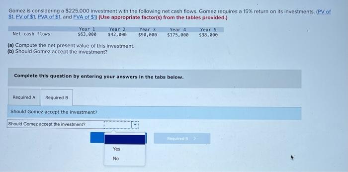 investment with the following net cash flows. Gomez requires a 15% return
