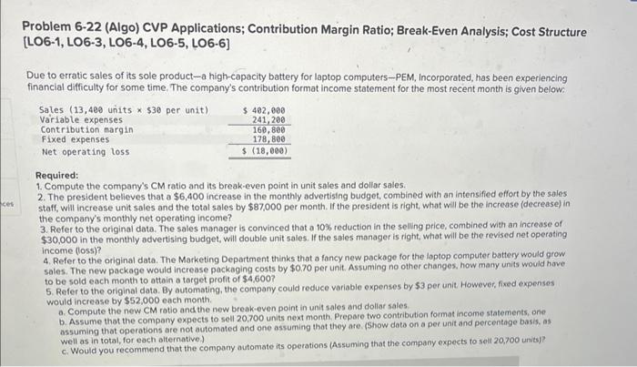 help Problem 6-22 (Algo) CVP Applications; Contribution Margin Ratio; Break-Even Analysis; Cost