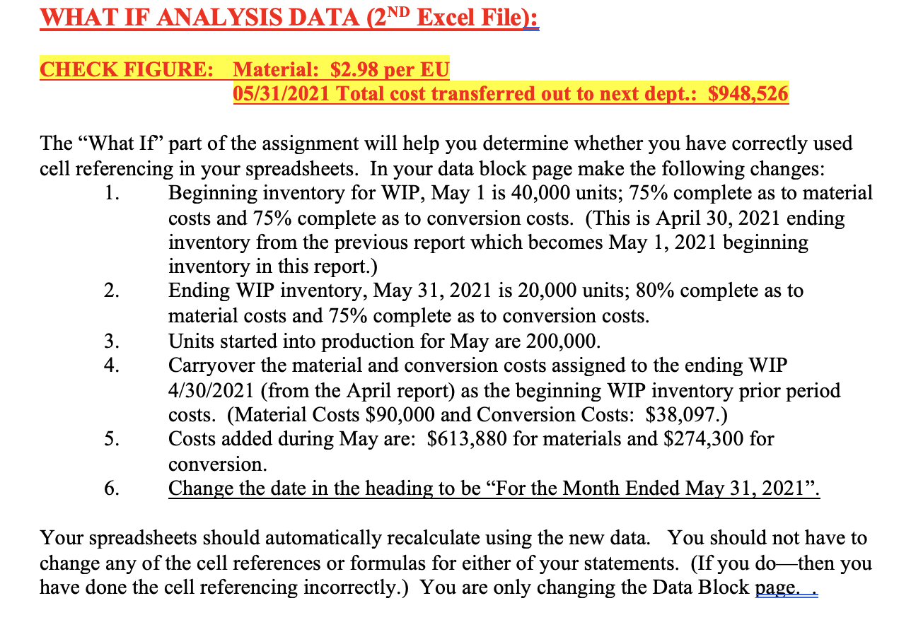  WHAT IF ANALYSIS DATA (2ND Excel File): CHECK FIGURE: Material: $2.98