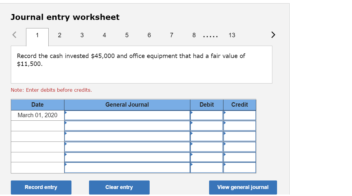 completed these activities during March 2020: March 1 Invested $45,000 in cash