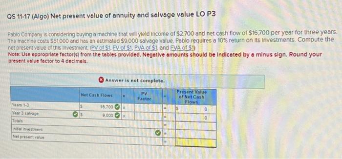 please help answer this question! QS 11-17 (Algo) Net present value of