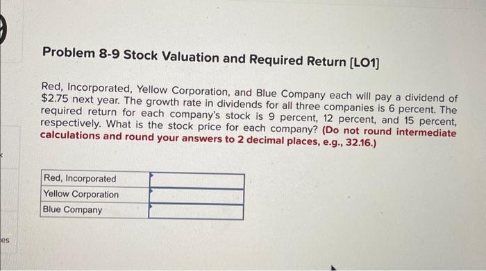 please help me Problem 8-9 Stock Valuation and Required Return [LO1] Red,