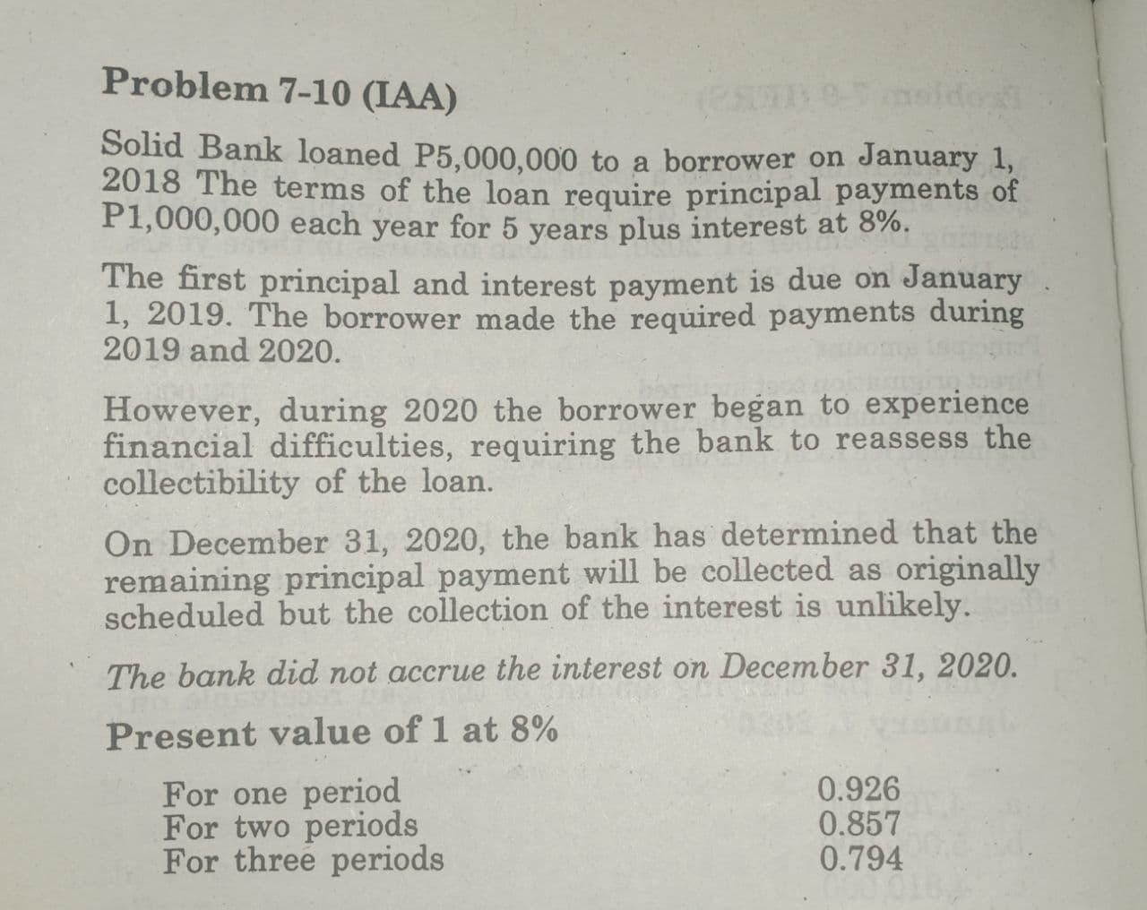  Complete the table below: Problem 7-10 (IAA) Solid Bank loaned P5,000,000