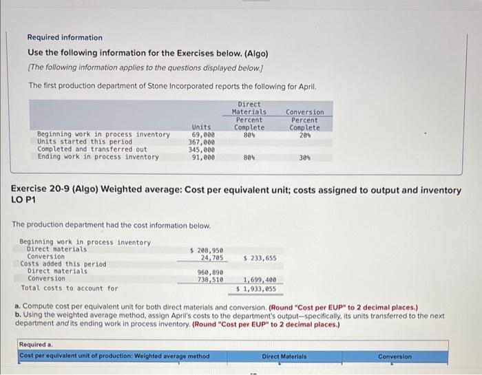  please show work Required information Use the following information for the