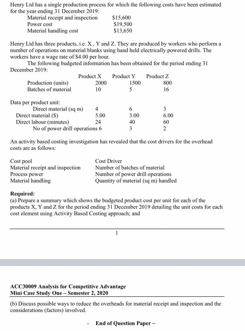 Henry Ltd has a single production process for which the following