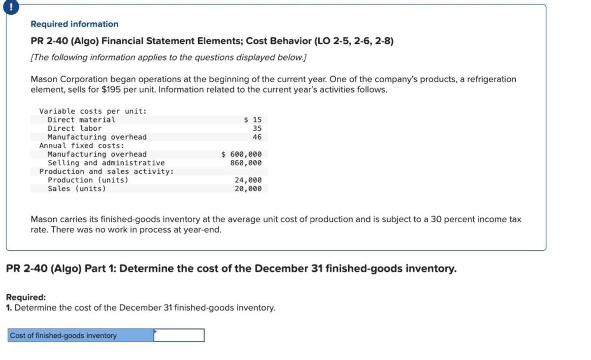  Required information PR 2-40(Algo) Financial Statement Elements; Cost Behavior (LO 2-5,2-6,2-8)
