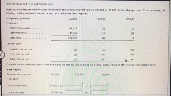  Variable cost per unit (9) (m) Fixed cost per un (6)