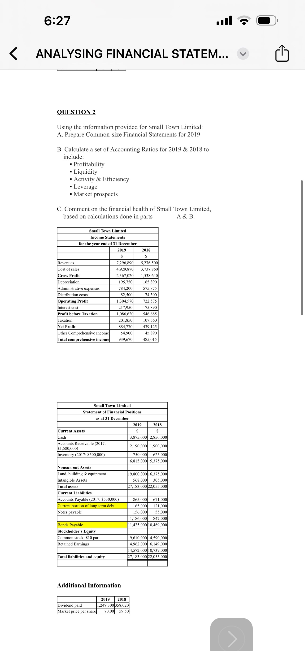  6:27 ANALYSING FINANCIAL STATEM... QUESTION 2 Using the information provided for