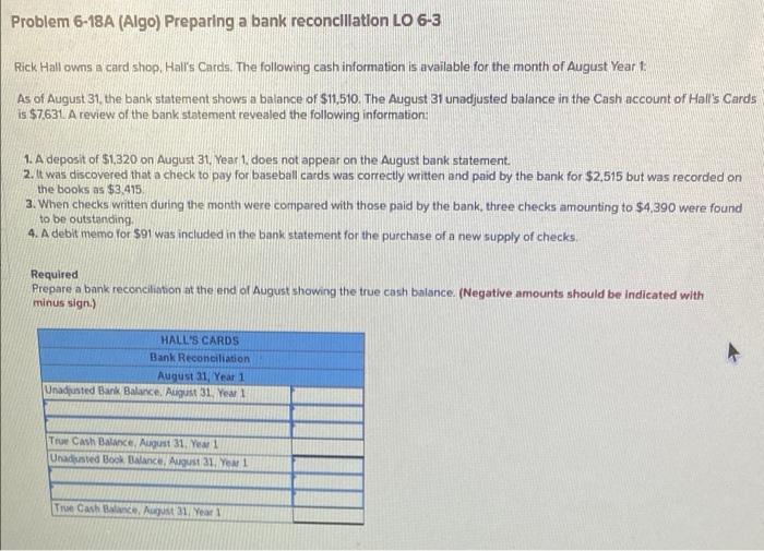 can someone please help me?! Problem 6-18A (Algo) Preparing a bank reconciliation