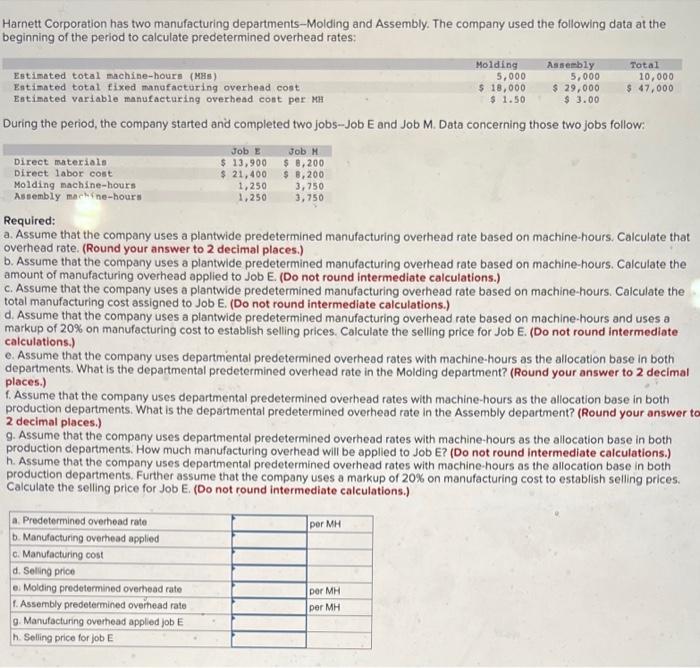 please answer the table $ 1.50 Harnett Corporation has two manufacturing departments-Molding