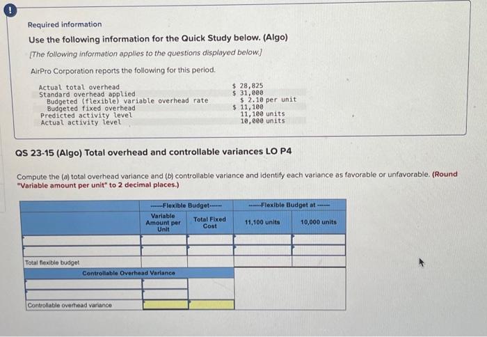 Required information Use the following information for the Quick Study below.