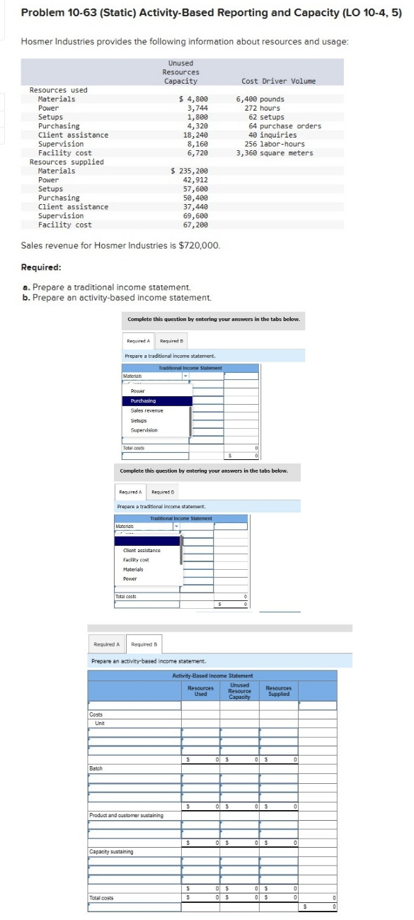  Problem 10-63(Static) Activity-Based Reporting and Capacity (LO 10-4,5) Hosmer Industries provides