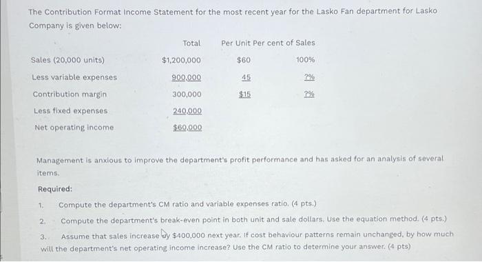* Please show complete working with formulas* The contribution Format Income Statement