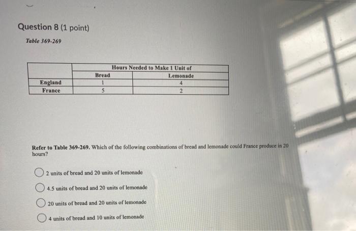  Question 8 (1 point) Table 369-269 Hours Needed to Make 1