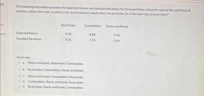 question 9 on The following information provides the expected returns and standard