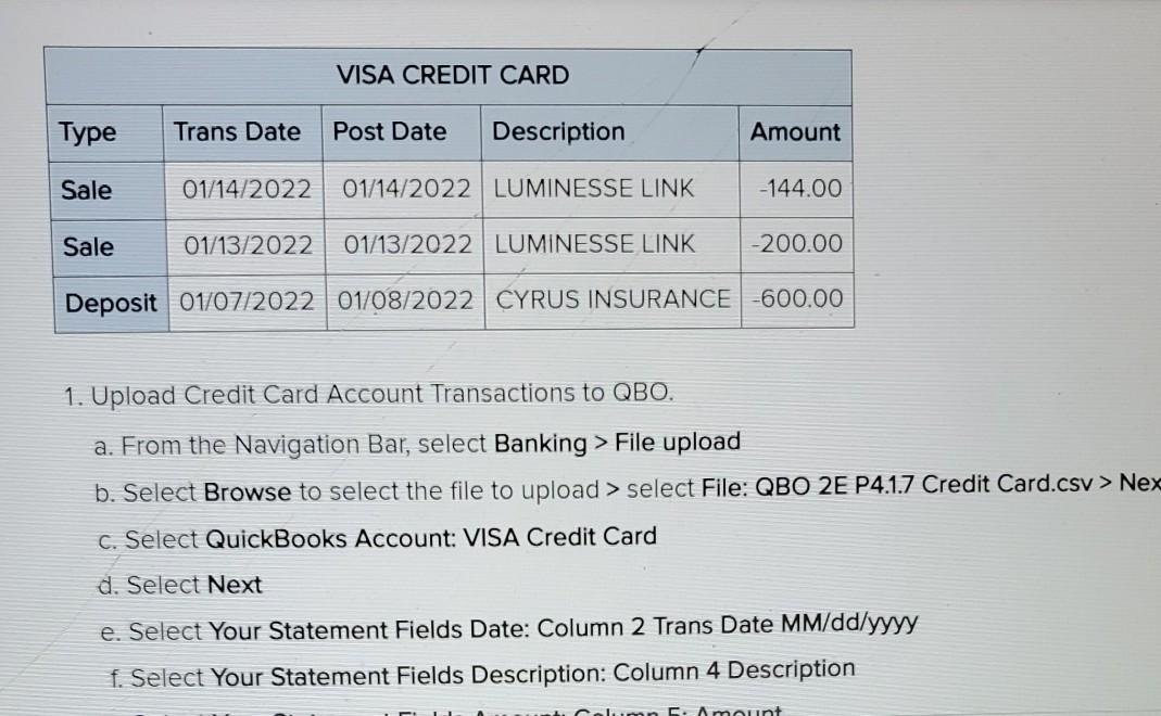VISA CREDIT CARD Type Trans Date Post Date Description Amount Sale