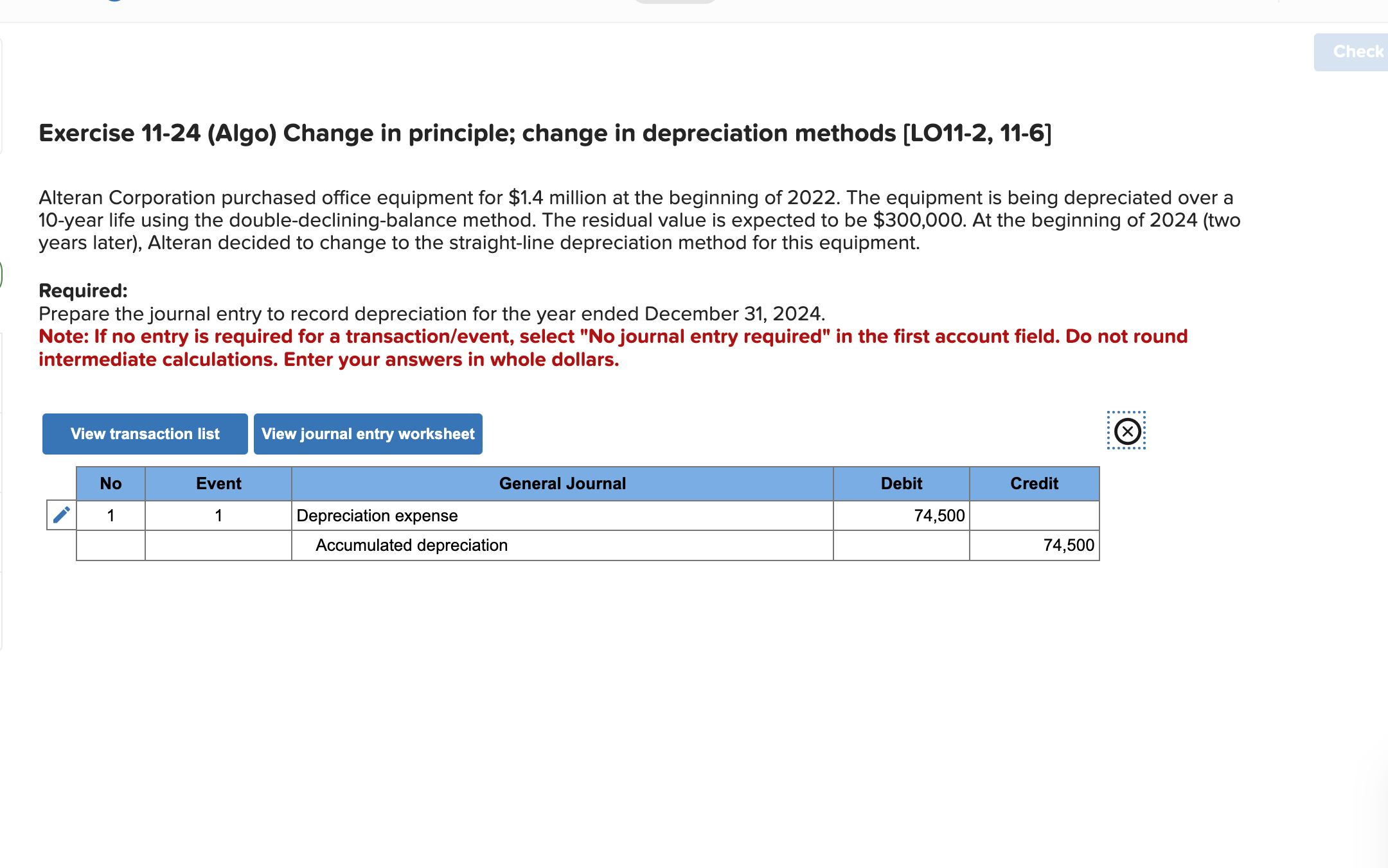  Exercise 11-24(Algo) Change in principle; change in depreciation methods [LO11-2,11-6] Alteran