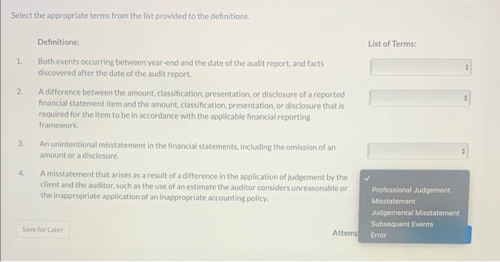 Subject Auditing Select the appropriate terms from the list provided to the