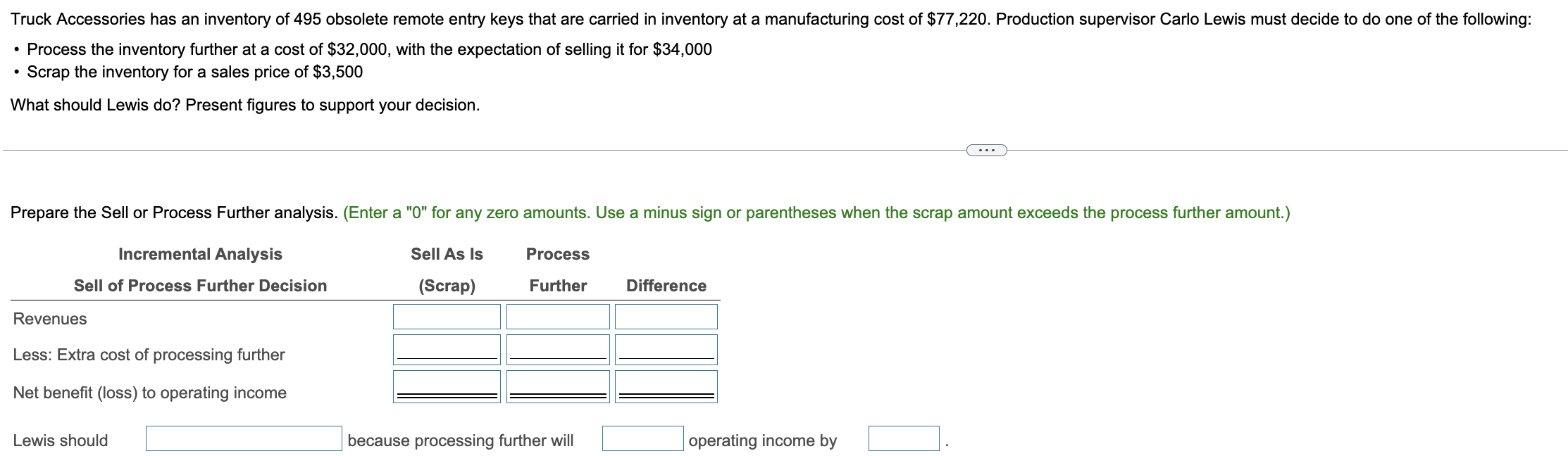 Lewis should ( sell as scrap or further process inventory) because
