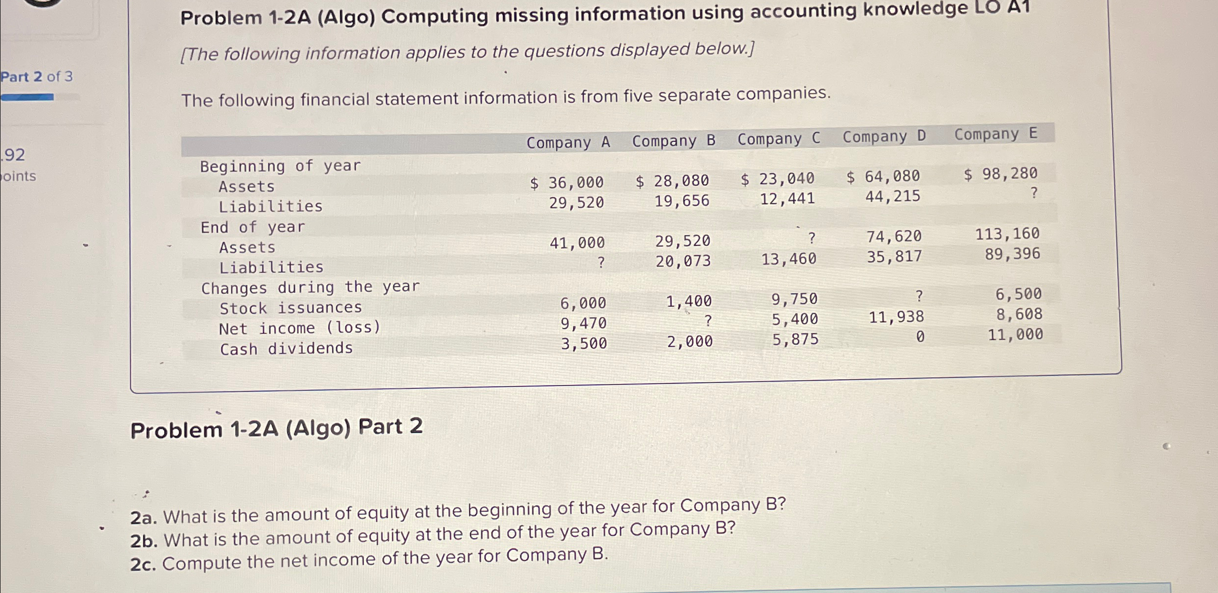  Problem 1-2A (Algo) Computing missing information using accounting knowledge LO A1