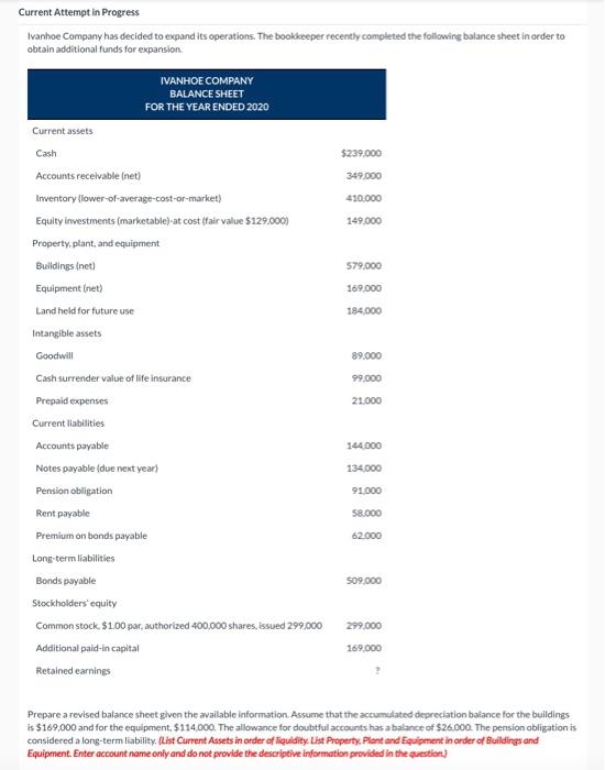 please fill the balnce sheet out!! Current Attempt in Progress Ivanhoe Company