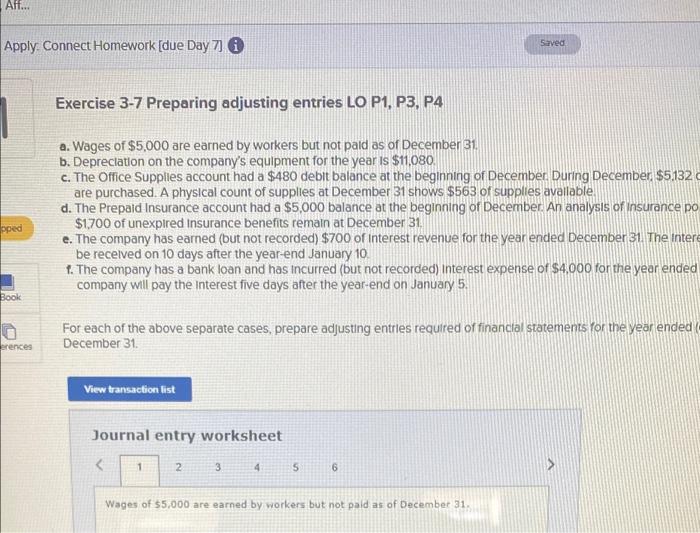 exercise 3-7 preparing adjusting entries LO P1 P3 P4 Aff... Apply Connect