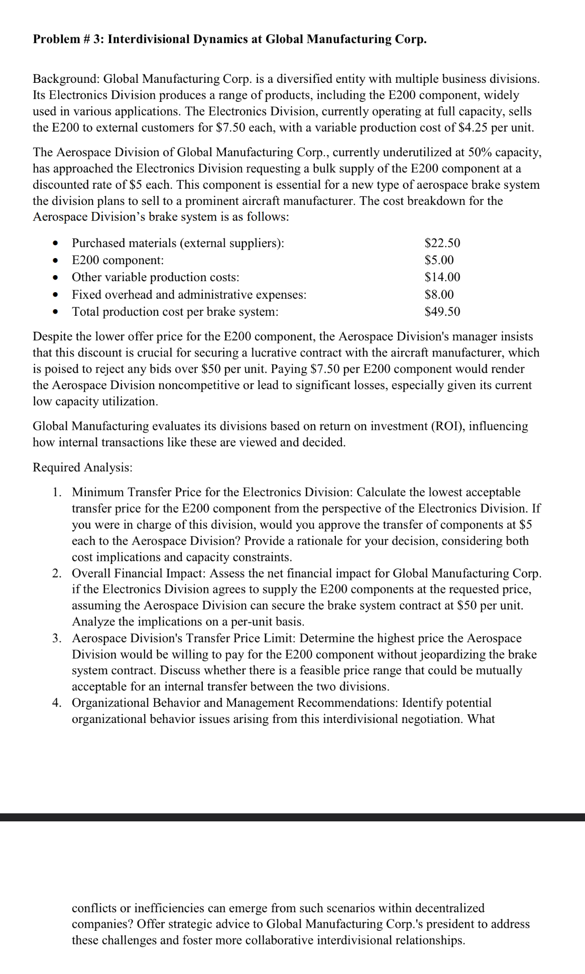  Problem # 3: Interdivisional Dynamics at Global Manufacturing Corp. Background: Global