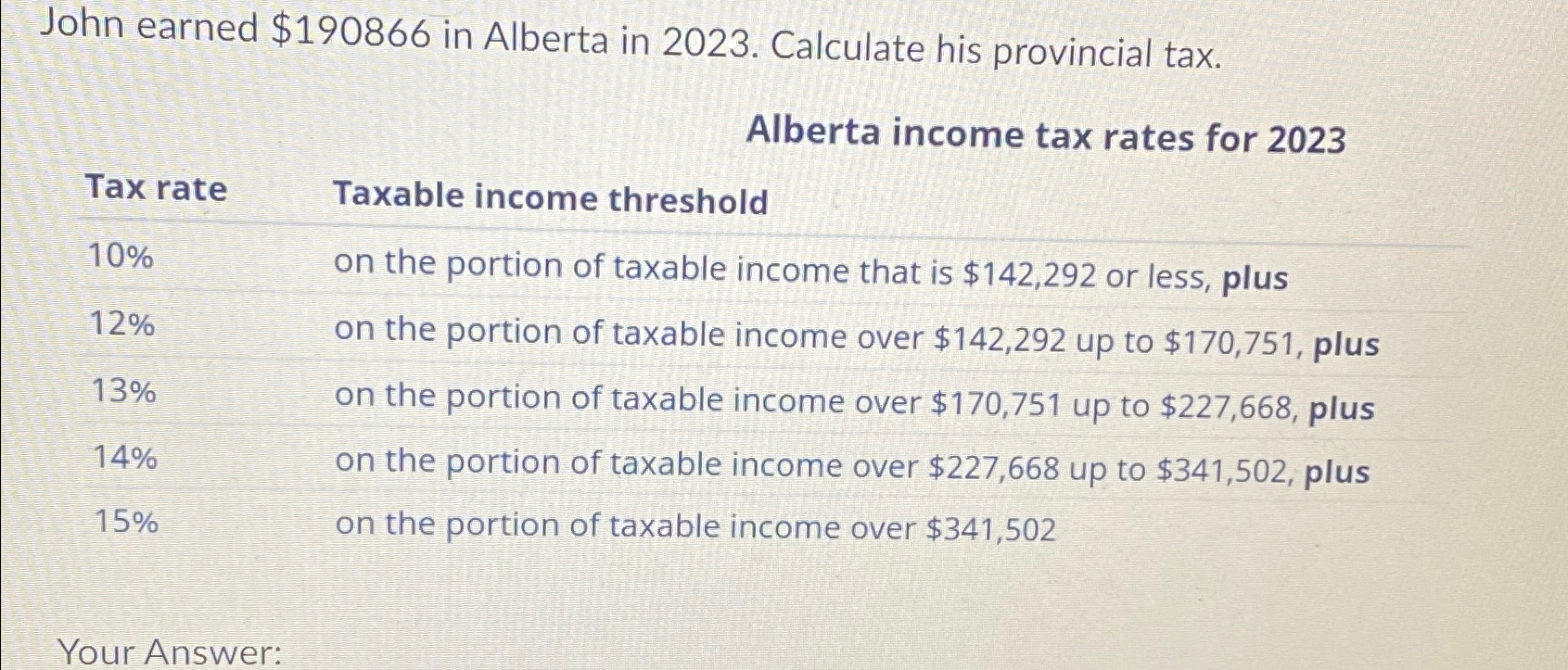  John earned $190866 in Alberta in 2023. Calculate his provincial tax.