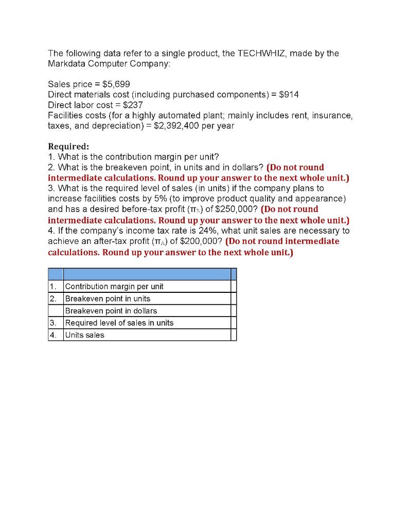 1. Contribution margin per unit 2. Breakeven point in units Breakeven point