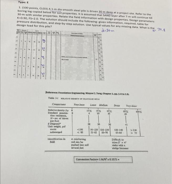  Type: E 1. (100 points, CLO3) A 1-m dia smooth steel