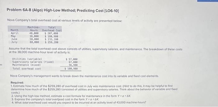 help Problem 6A-8 (Algo) High-Low Method; Predicting Cost [LO6-10] Nova Company's total