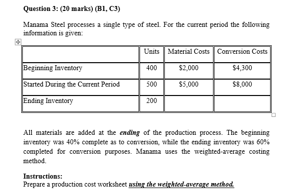  using the weighted-average method Question 3: (20 marks) (B1, C3) Manama