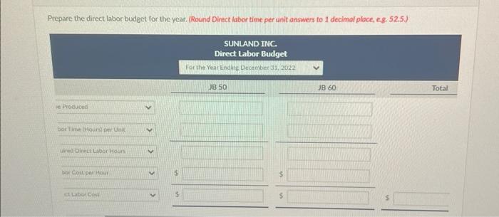 bclow: Prepare the direct labor budget for the year. (Round Direct labor