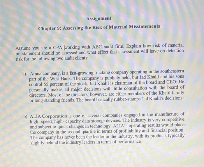 this is an audit assignment Assignment Chapter 9: Assessing the Risk of