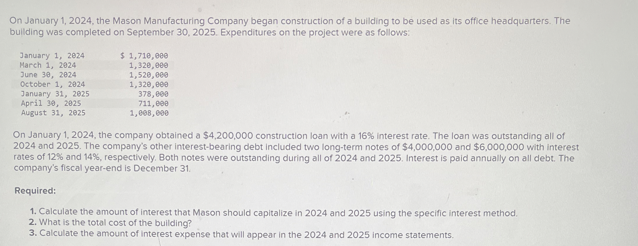  On January 1,2024, the Mason Manufacturing Company began construction of a