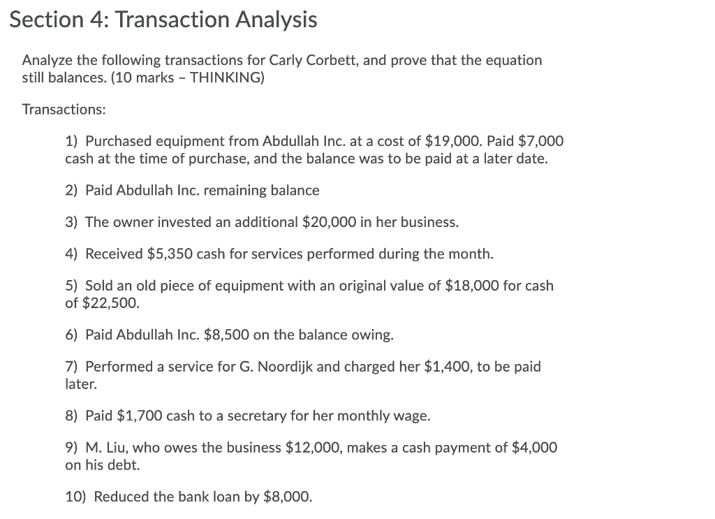 Hi, I just need a equation anlysis sheet! Section 4: Transaction Analysis
