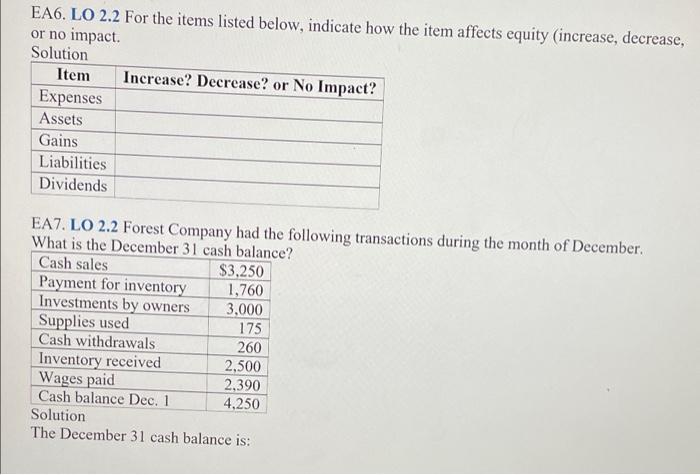  EA6. LO 2.2 For the items listed below, indicate how the
