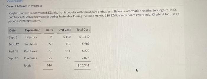  View Policies Current Attempt in Progress Kingbird, Inc. sells a snowboard,