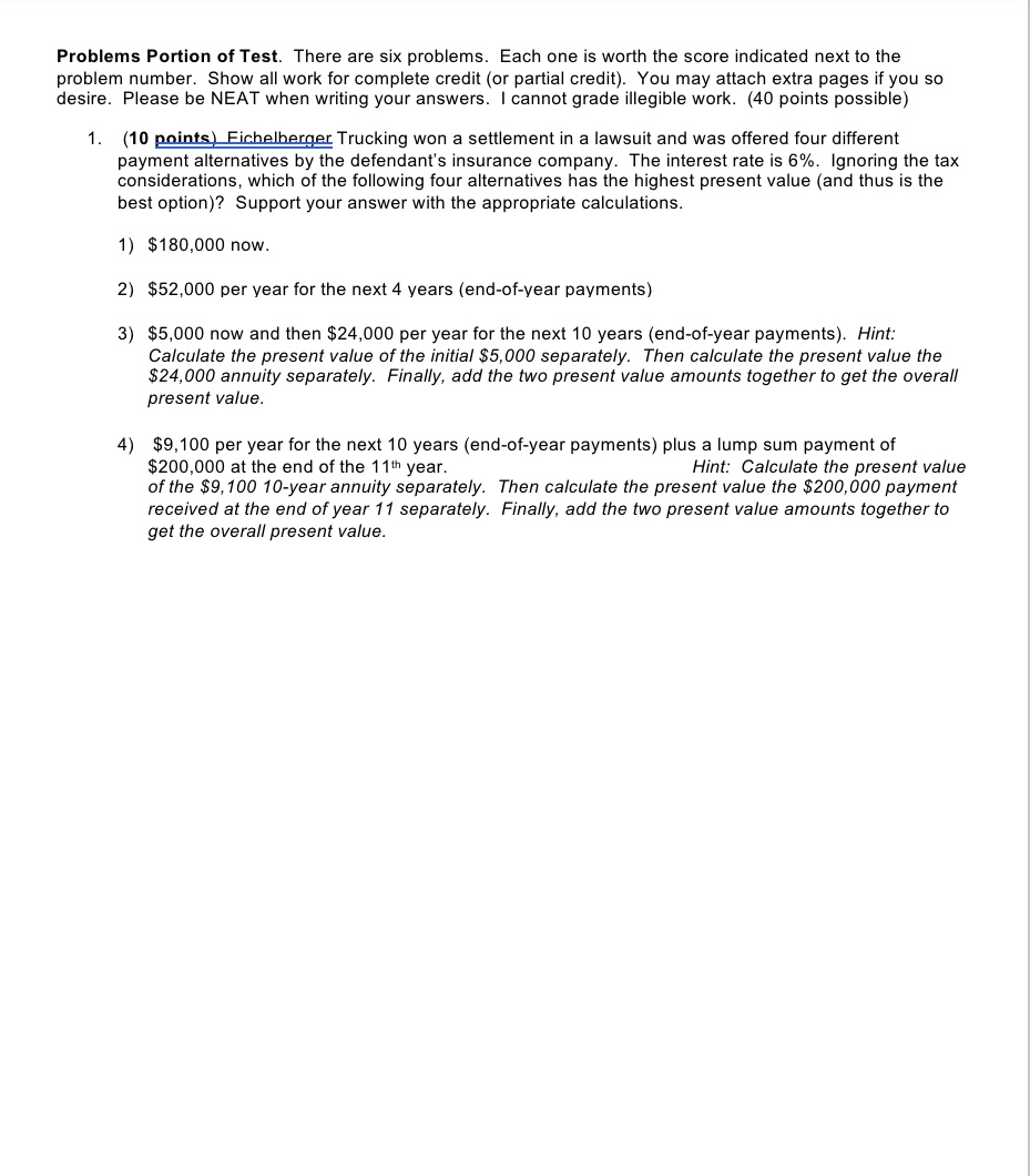 Problems Portion of Test. There are six problems. Each one is