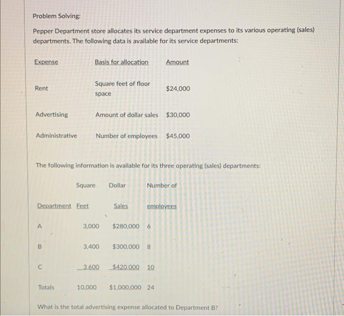  (5) WITH SOLUTIONS PLEASE Problem Solving: Pepper Department store allocates its