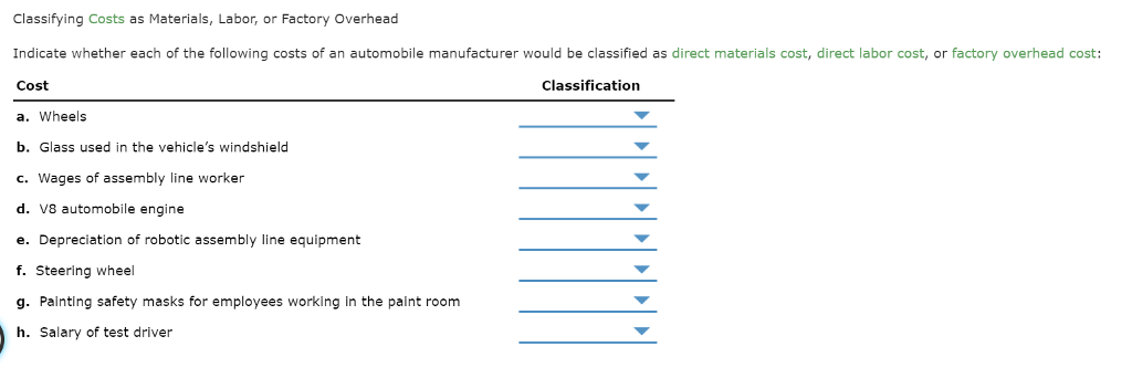 Classifying Costs as Materials, Labor, or Factory Overhead Indicate whether each