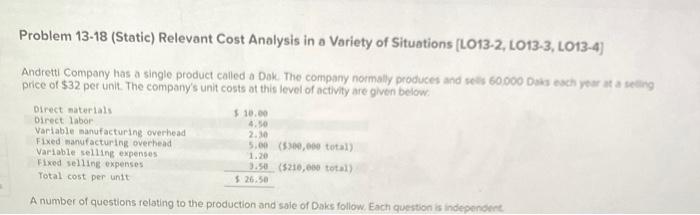  Need help with 1-5! Problem 13-18 (Static) Relevant Cost Analysis in